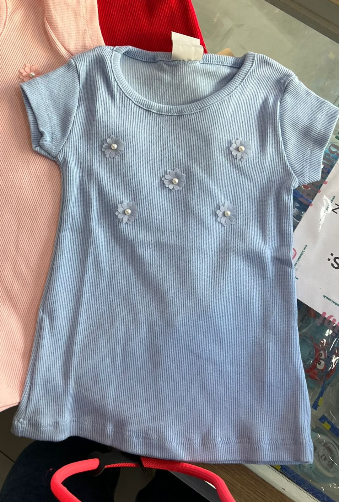 BLUSA MANGA CURTA PÉROLAS FLORES CANELADA MENINA PULLA BULLA - AZUL