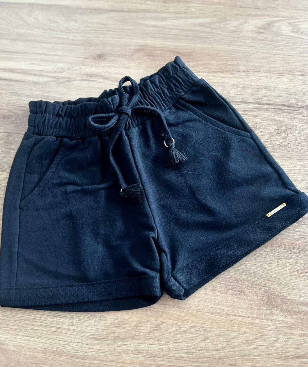 SHORT MOLETOM CORDÃO ELÁSTICO CÓS BOLSO FACA E BARRA DOBRADA MENINA PULLA BULLA - PRETO