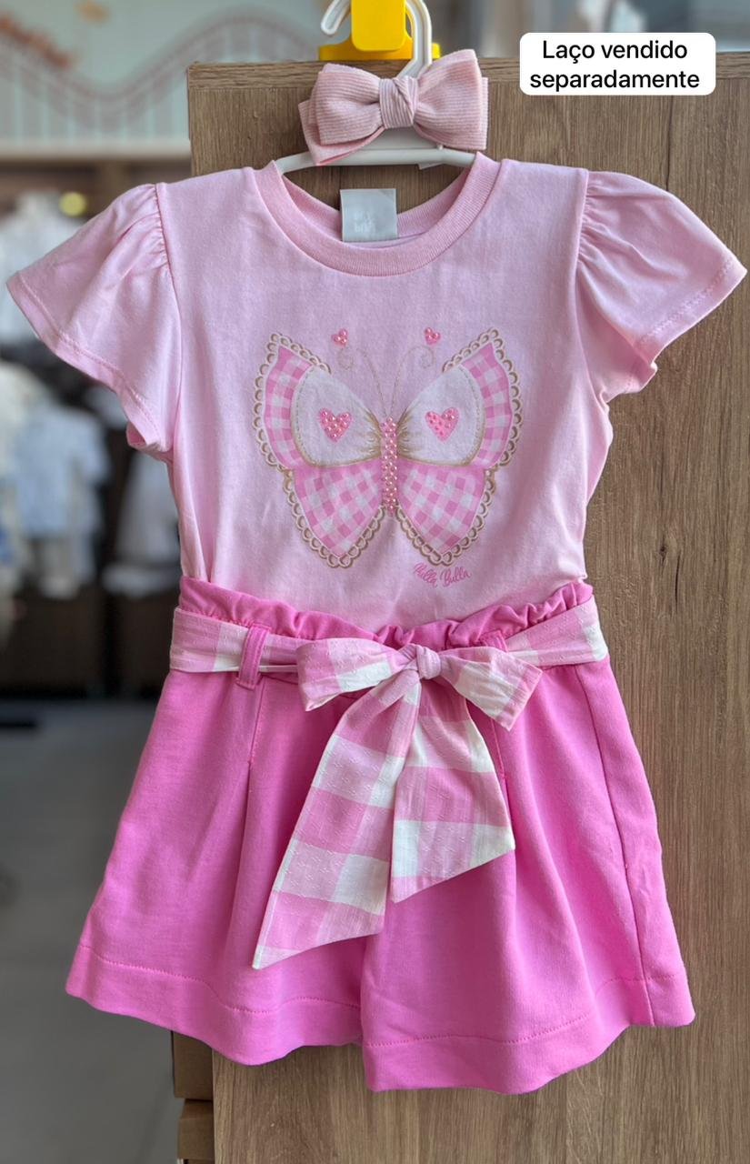 CONJUNTO BLUSA MANGA CURTA BORBOLETA STRASS E SHORT CINTO XADREZ MENINA PULLA BULLA - ROSA
