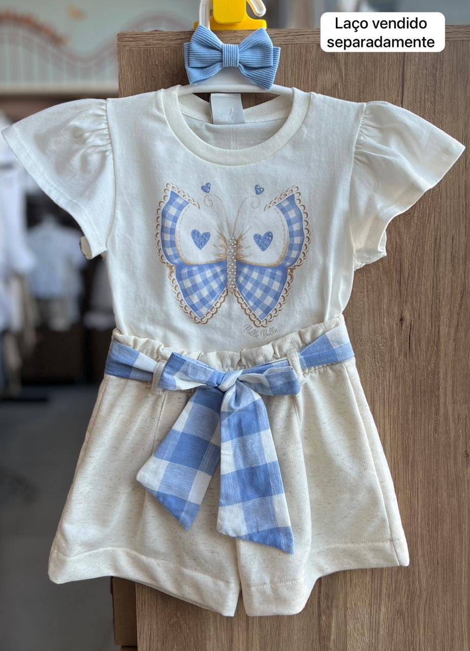 CONJUNTO BLUSA MANGA CURTA BORBOLETA STRASS E SHORT CINTO XADREZ MENINA PULLA BULLA - OFF/AREIA