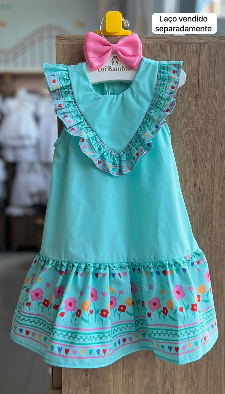 VESTIDO REGATA GOLA BABADO CORAÇÕES MENINA MON SUCRE - VERDE ÁGUA