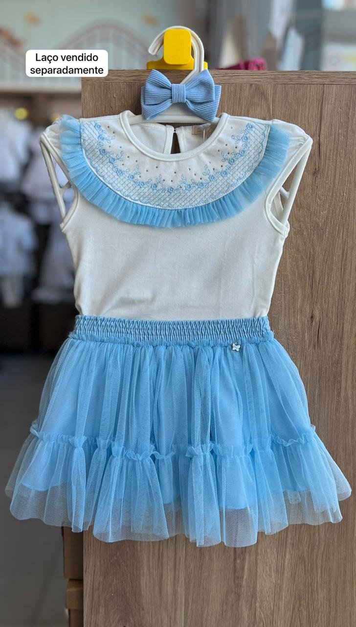 CONJUNTO BLUSA MANGA CURTA BABADO TULE E SAIA MENINA PETIT CHERIE - OFF/AZUL
