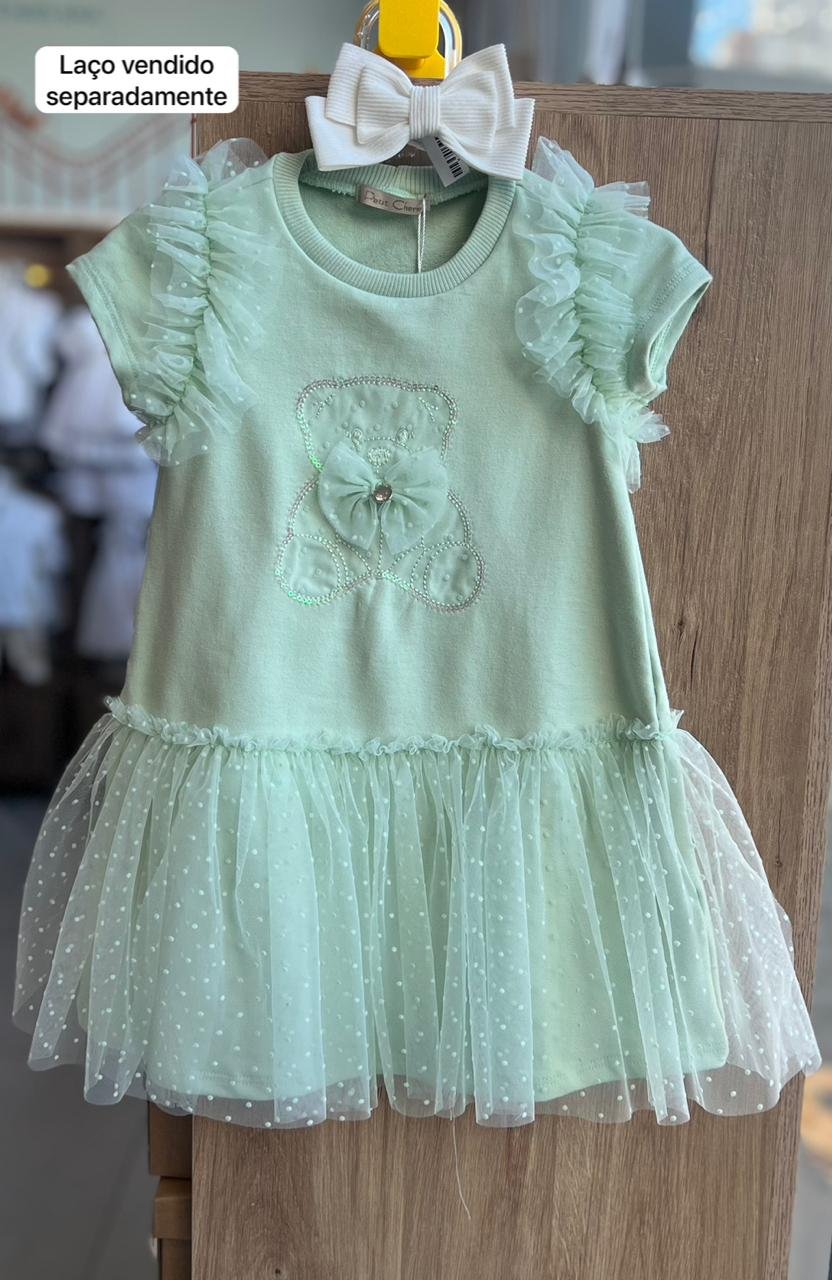 VESTIDO MANGA CURTA URSO LAÇO BABADO TULE MENINA PETIT CHERIE - VERDE