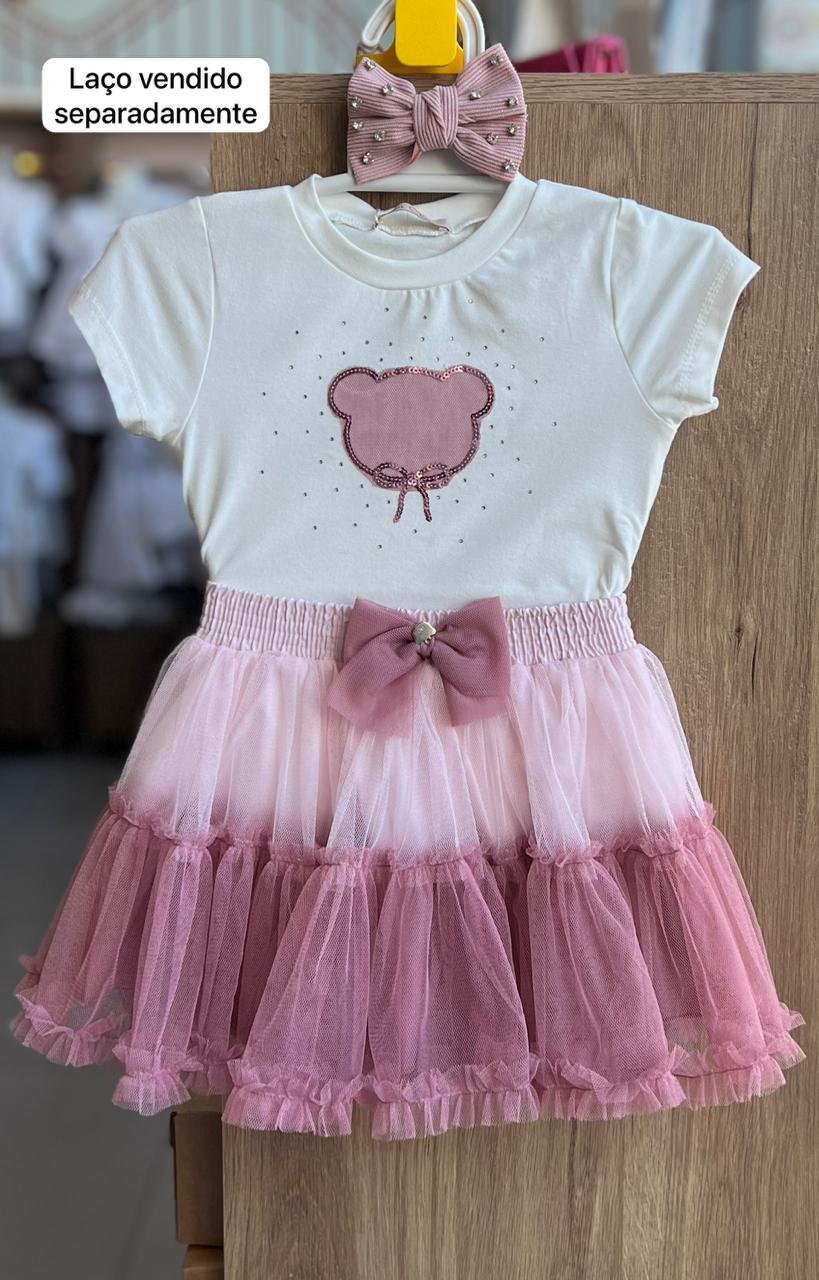 CONJUNTO BLUSA MANGA CURTA URSO LAÇO STRASS E SAIA TULE MENINA PETIT CHERIE - OFF/ROSE