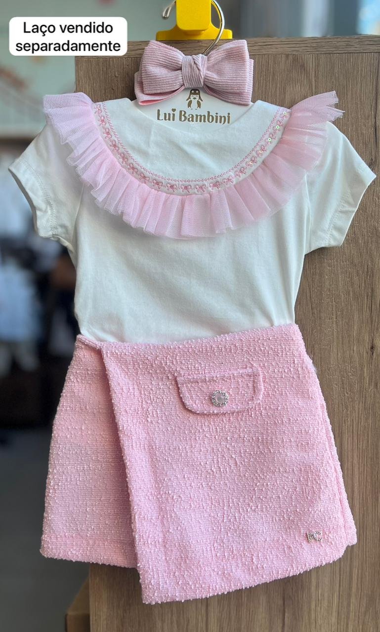 CONJUNTO BLUSA MANGA CURTA BABADO TULE E SHORT SAIA TWEED MENINA PETIT CHERIE - OFF/ROSA
