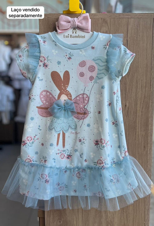 VESTIDO MANGA CURTAFLORAL BABADO TULE FADA COELHO BALÃO STRASS MENINA PETIT CHERIE - AZUL CLARO