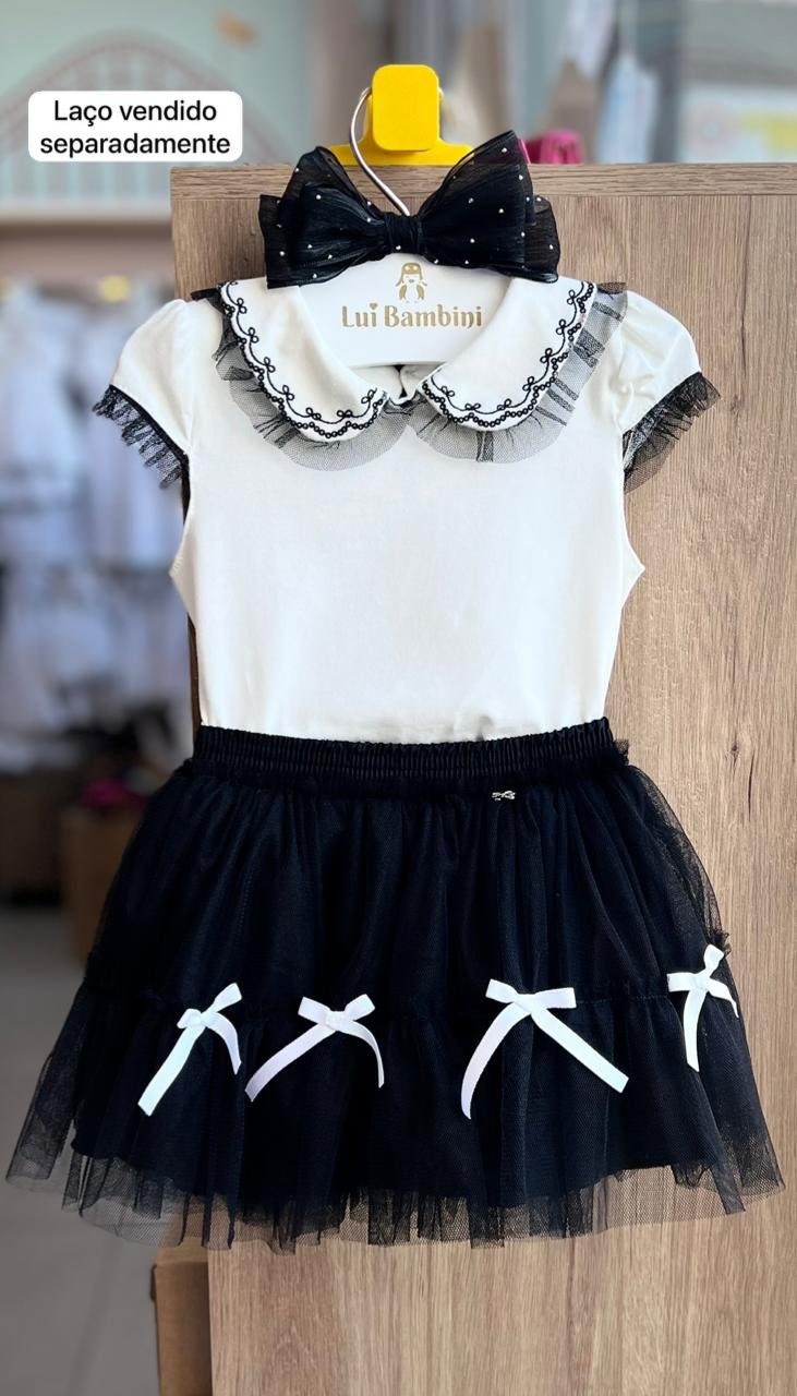 CONJUNTO BLUSA MANGA CURTA BABADO TULE BORDADO PAETES E SAIA TULE MENINA PETIT CHERIE - OFF/PRETO