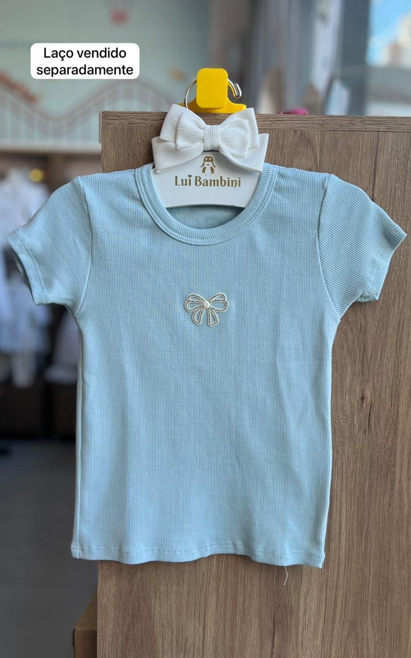 BLUSA MANGA CURTA CANELADO LAÇO STRASS MENINA PETIT CHERIE - AZUL