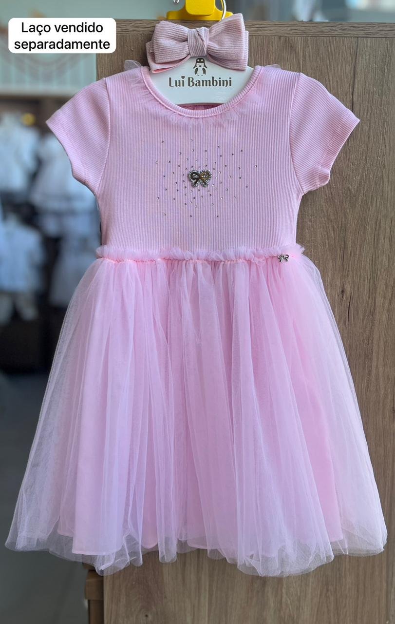 VESTIDO MANGA CURTA CANELADO LAÇO STRASS TULE MENINA PETIT CHERIE - ROSA BEBE