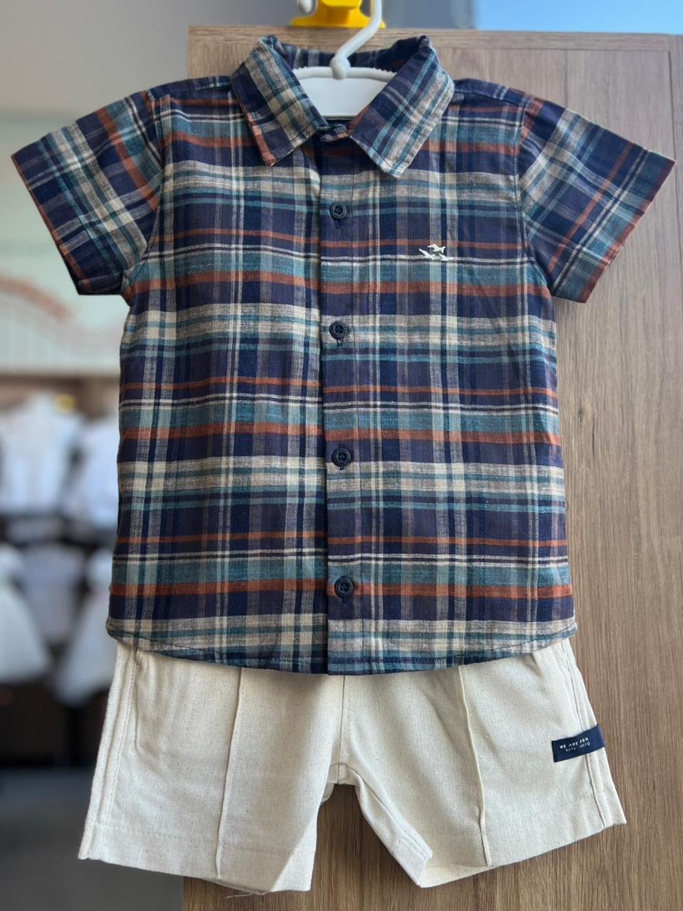 CONJUNTO CAMISA MANGA CURTA BOTÕES XADREZ FESTA JUNINA MINIMALISTA PASSAROS E BERMUDA LINHO MENINO FBR - MARINHO/AREIA