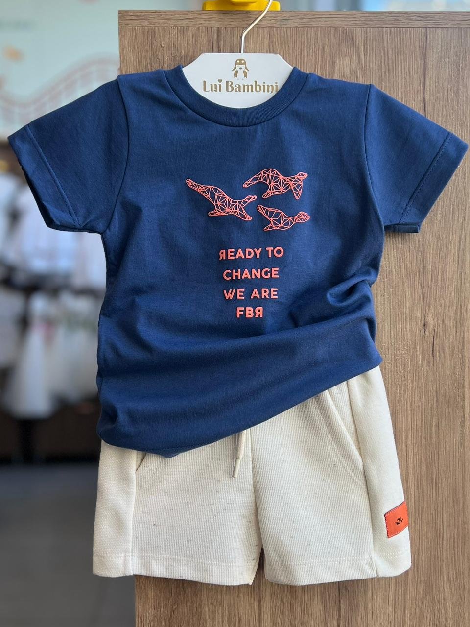 CONJUNTO CAMISETA MANGA CURTA PASSAROS TRIO E BERMUDA CORDÃO MENINO FBR - AZUL/OFF