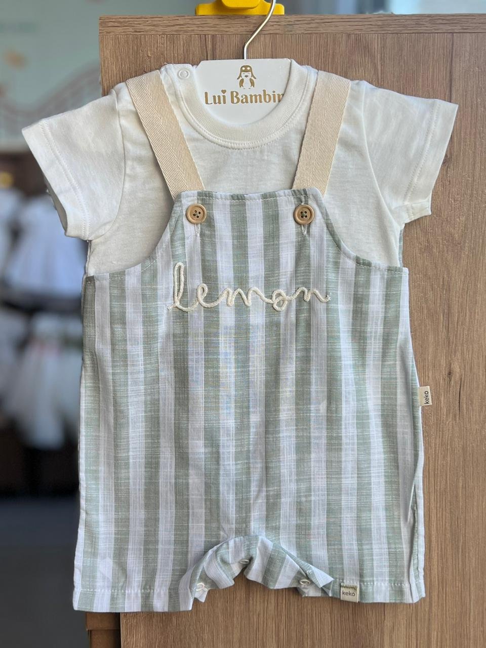 CONJUNTO JARDINEIRA CAMISETA ALÇA BOTÃO LISTRADO LEMON E CAMISETA MANGA CURTA MENINO KEKO BABY - OFF/VERDE