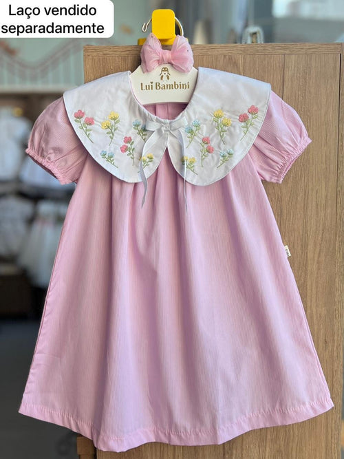 VESTIDO MANGA CURTA GOLA BORDADO FLORES LISTRADO LAÇO FITA MENINA KEKO BABY - ROSA