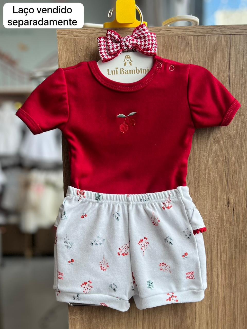 CONJUNTO BODY MANGA CURTA EGYP CEREJA BORDADO E SHORT BABADO MENINA MINI BEAR - VERMELHO/BRANCO