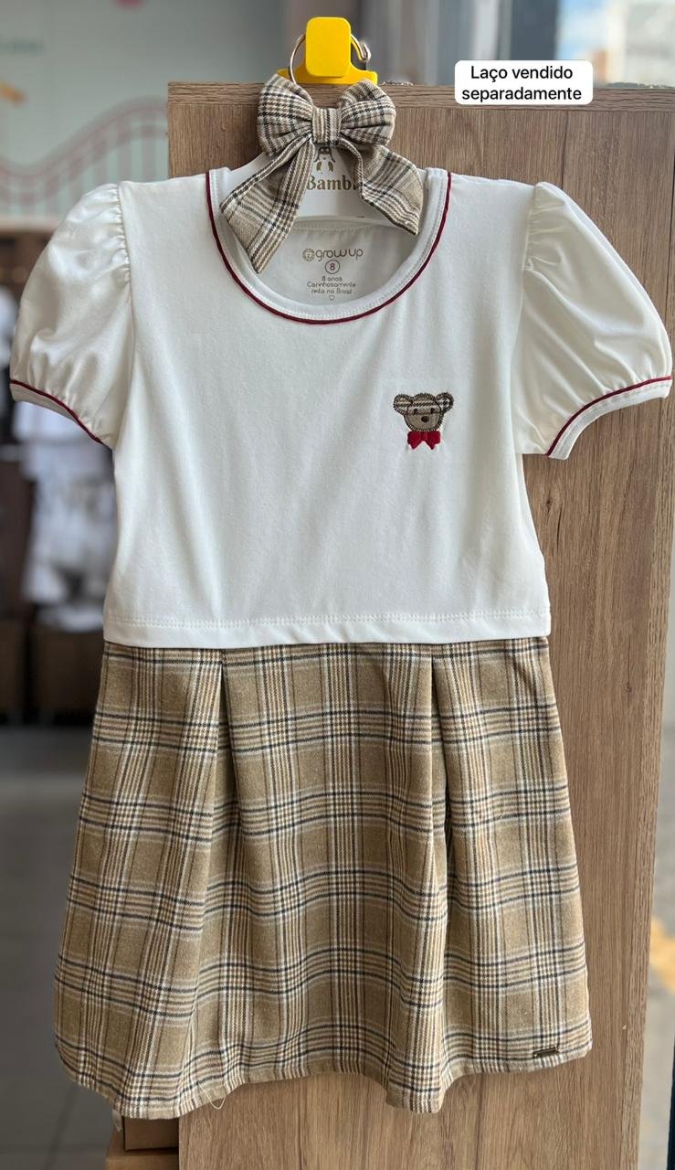 VESTIDO MANGA CURTA BUFANTE URSO XADREZ MENINA GROW UP - CREME/BEGE