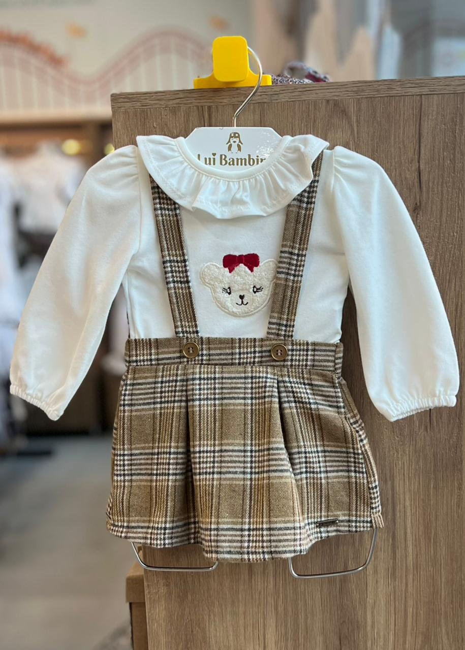 CONJUNTO BODY MANGA LONGA PATCH URSO PELUCIADO GOLA BABADO E SALOPETE ALÇA XADREZ MENINA GROW UP - CREME/BEGE
