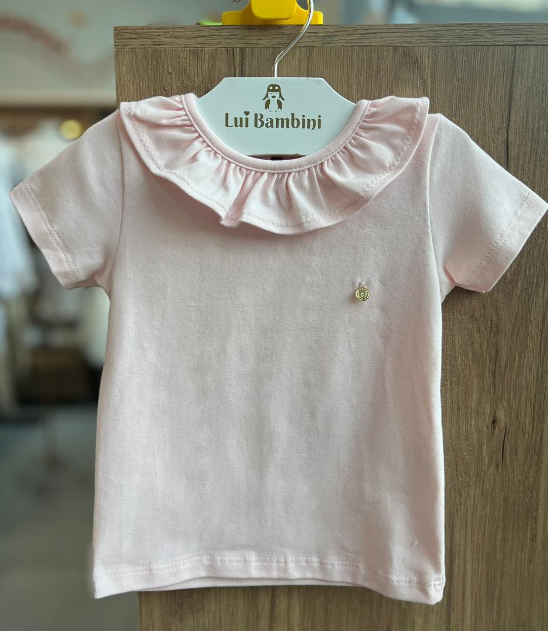 BLUSA MANGA CURTA GOLA BABADO BÁSICA LISA COM PINGENTE MENINA GROW UP - ROSA CLARO