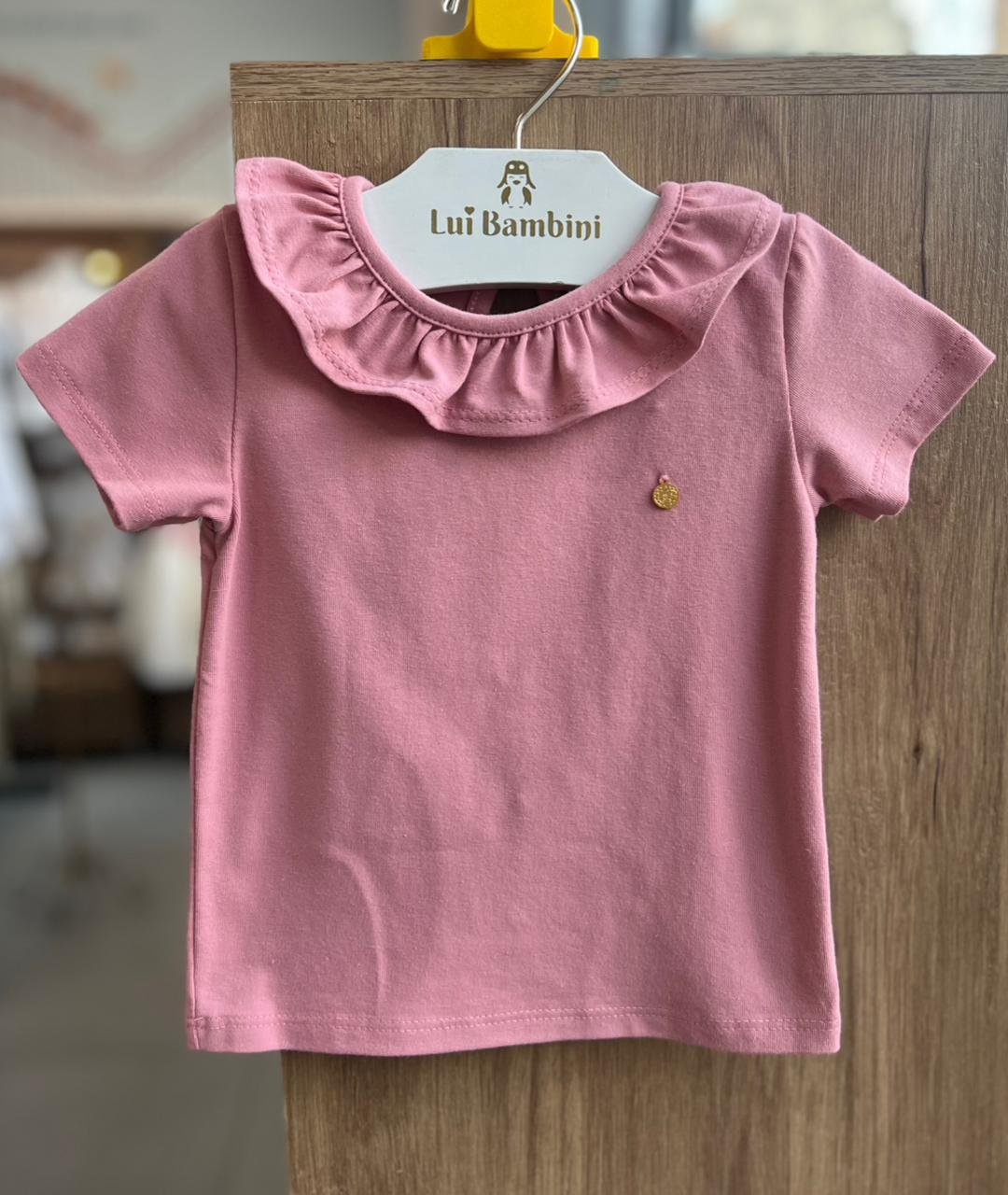 BLUSA MANGA CURTA GOLA BABADO BÁSICA LISA COM PINGENTE MENINA GROW UP - ROSA