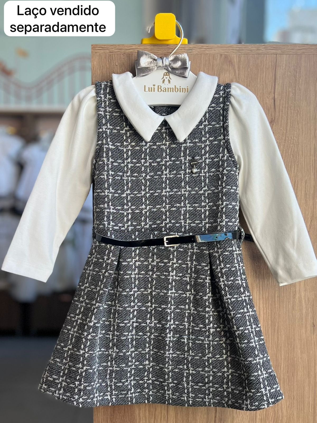 VESTIDO MANGA LONGA TWEED GLITTER PINGENTE CORAÇÃO CINTO FINO CINTURA MENINA GROW UP - PRETO