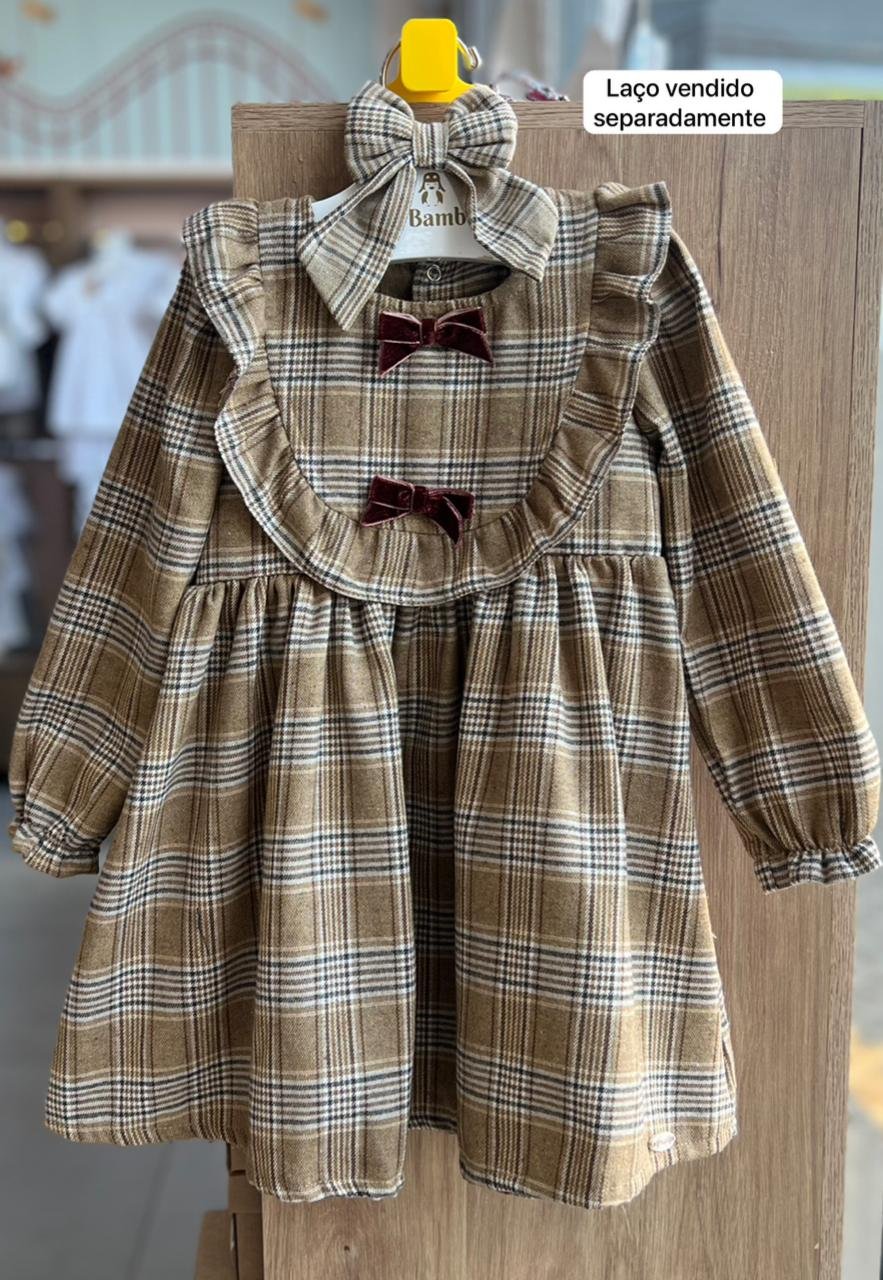VESTIDO MANGA LONGA XADREZ GOLA LAÇOS BABADO FESTA JUNINA MENINA GROW UP - BEGE