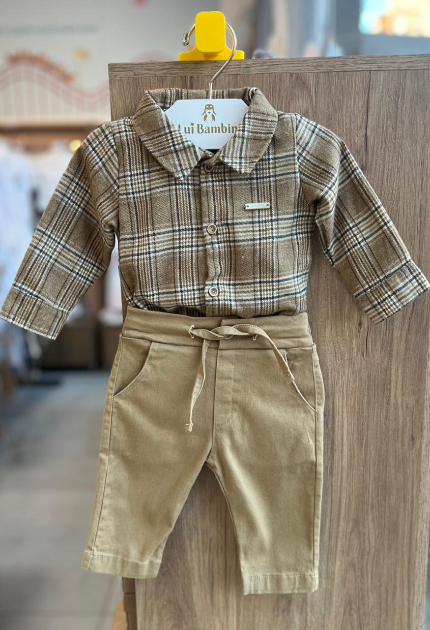 CONJUNTO BODY MANGA LONGA XADREZ FLANELADO FESTA JUNINA E CALÇA ALFAIATARIA MENINO GROW UP - BEGE