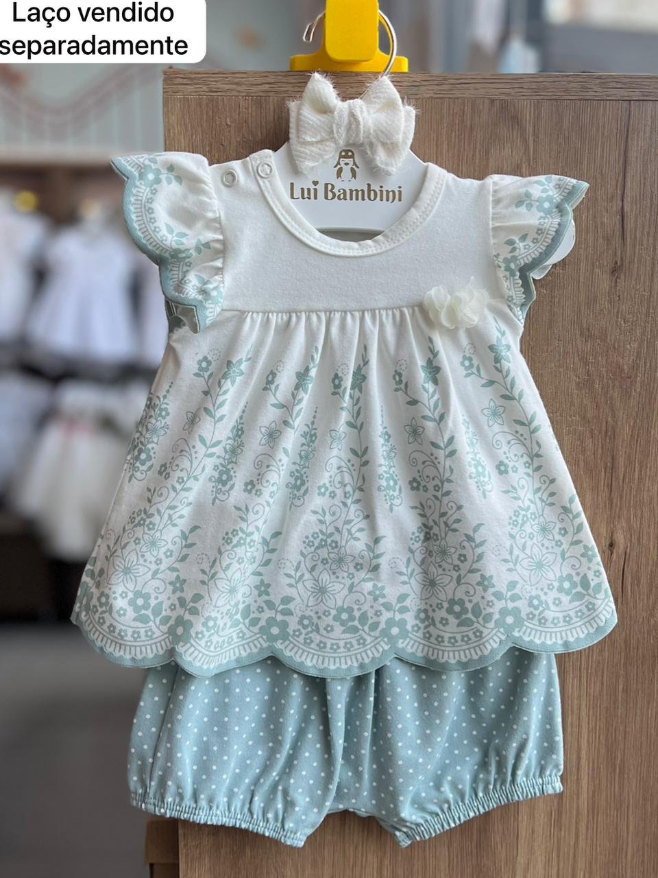 CONJUNTO BLUSA BATA MANGA CURTA BABADO FLORES E SHORT POA MENINA MILON - OFF/VERDE