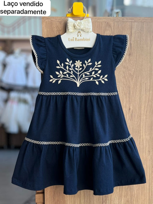 VESTIDO MANGA CURTA BORDADO FLOR E FOLHAS RELEVO MENINA MILON - MARINHO