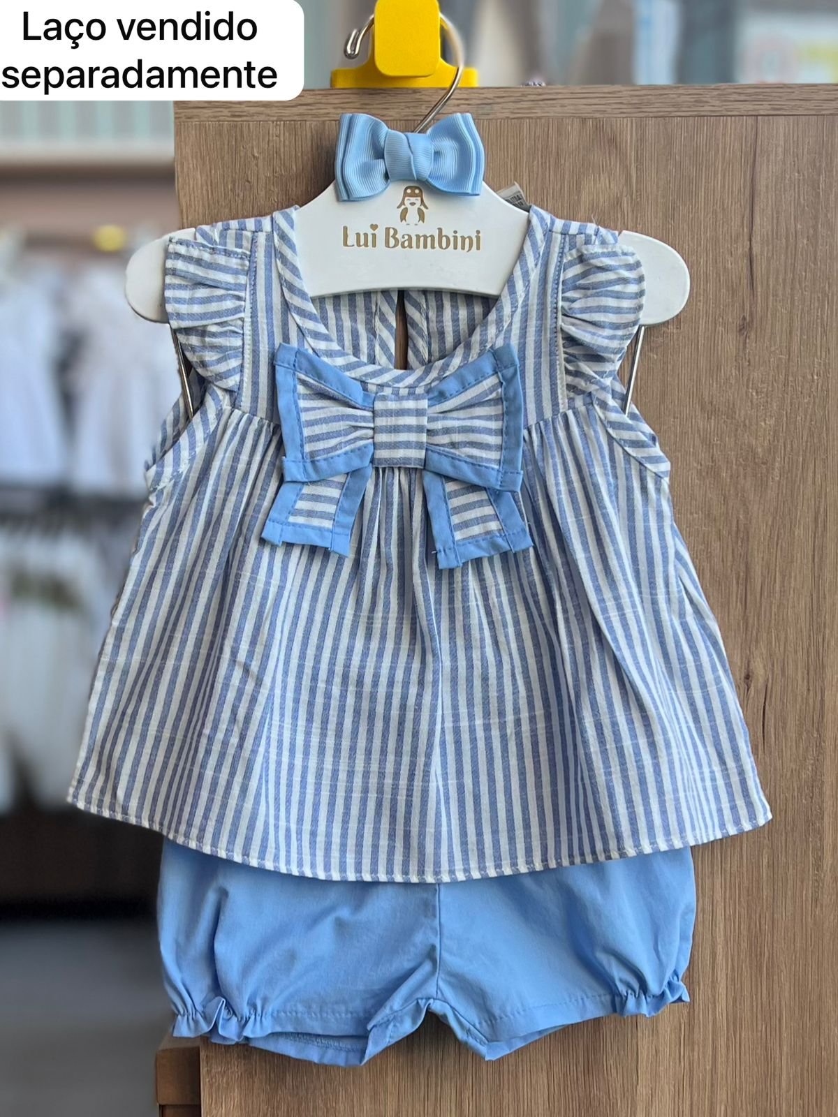 CONJUNTO BLUSA MANGA CURTA BABADO LISTRADO LAÇO E SHORT MENINA MILON - AZUL