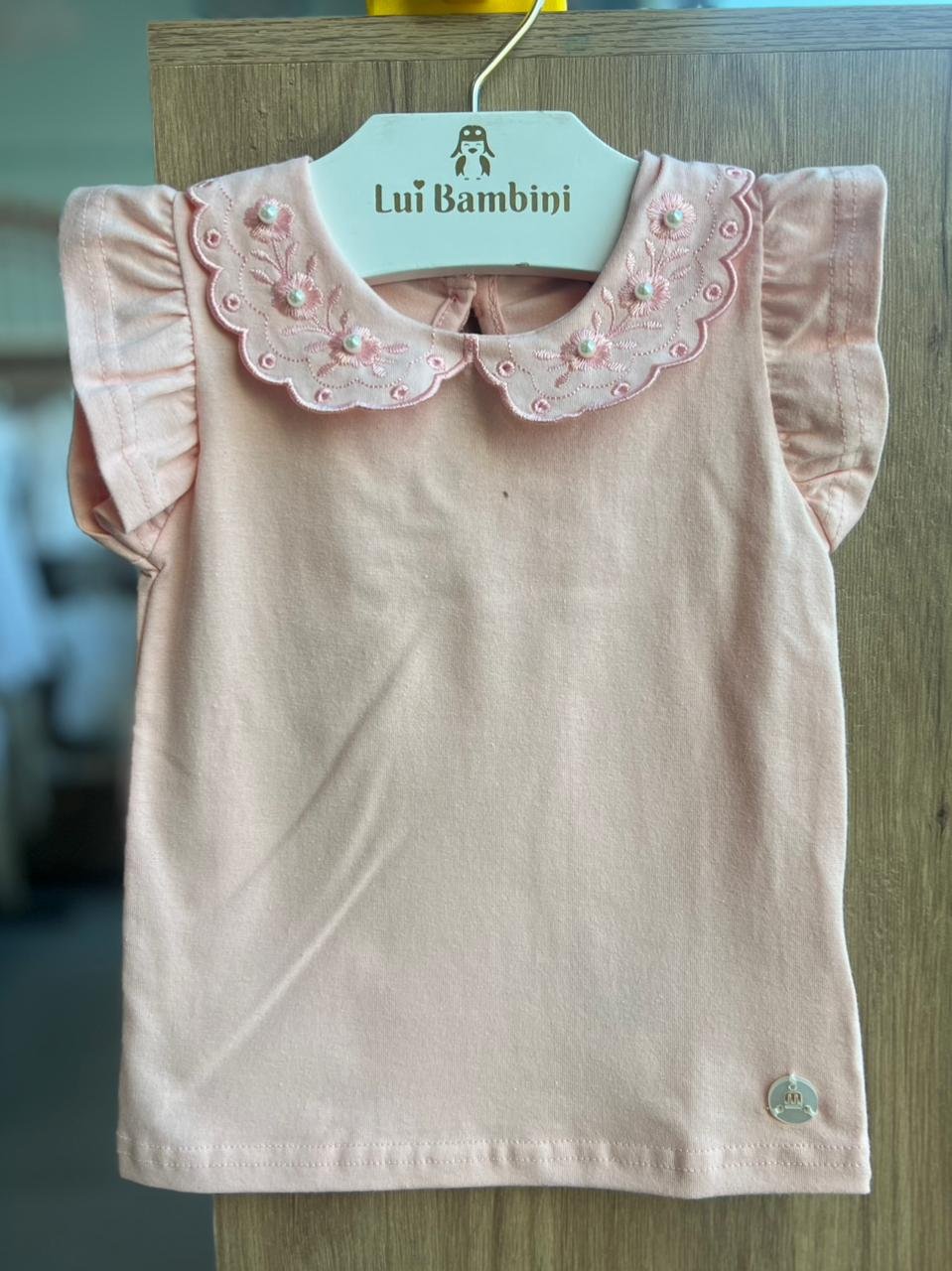 BLUSA MANGA CURTA GOLA FLORAL BORDADA COM PÉROLAS E BABADO MENINA MILON - ROSA
