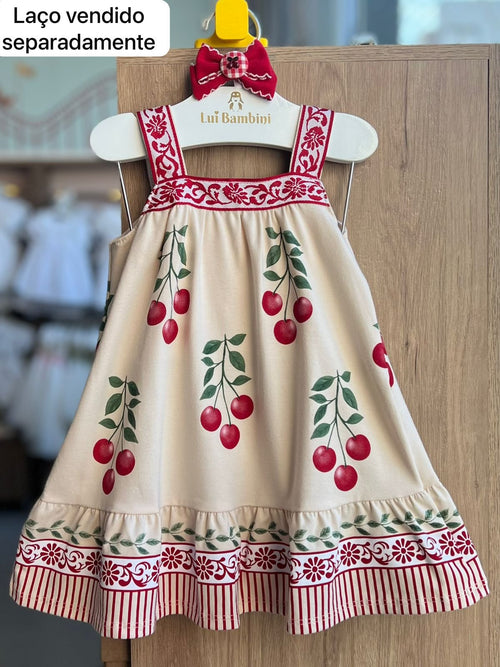 VESTIDO ALÇA CEREJAS FLORES LISTRAS BARRA MENINA MILON - BEGE
