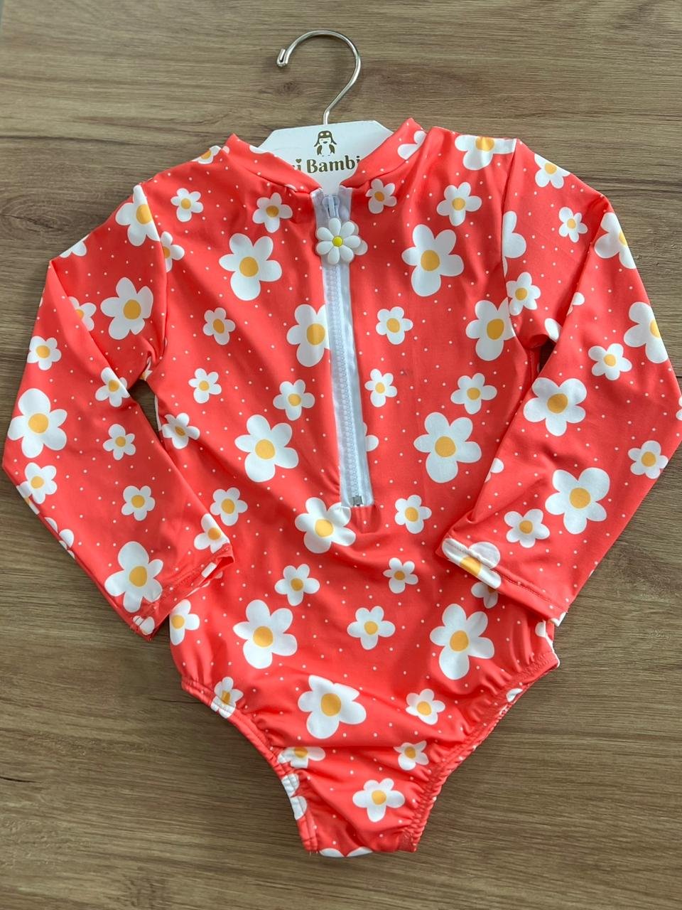 MAIÔ MANGA LONGA FLORES ZÍPER PROTEÇÃO UV50+ MENINA LUI BAMBINI - VERMELHO