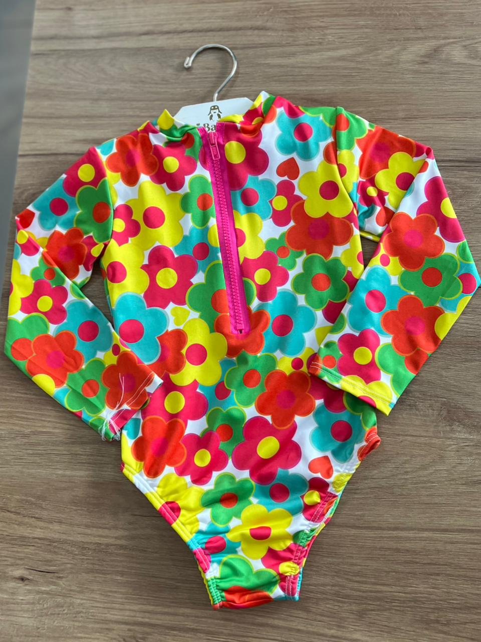 MAIÔ MANGA LONGA ZÍPER FLORES PROTEÇÃO UV50+ MENINA LUI BAMBINI - BRANCO/VERDE