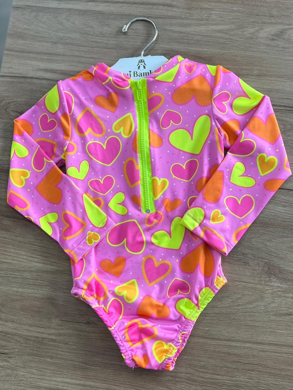 MAIÔ MANGA LONGA ZÍPER CORAÇÕES ZÍPER PROTEÇÃO UV50+ MENINA LUI BAMBINI - ROSA
