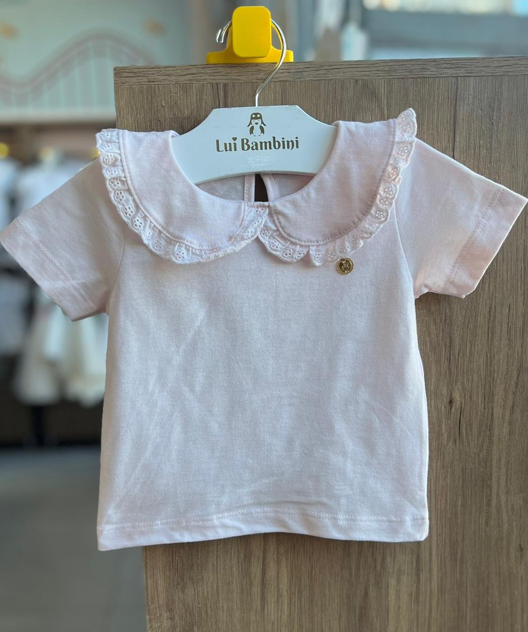 BLUSA MANGA CURTA GOLA BABADO RENDA PINGENTE MINIMALISTA MENINA UP BABY - ROSA CLARO
