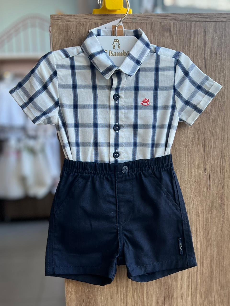 CONJUNTO BODY CAMISA MANGA CURTA XADREZ MINIMALISTA CAVALO E BERMUDA MENINO UP BABY - OFF/AZUL ESCURO