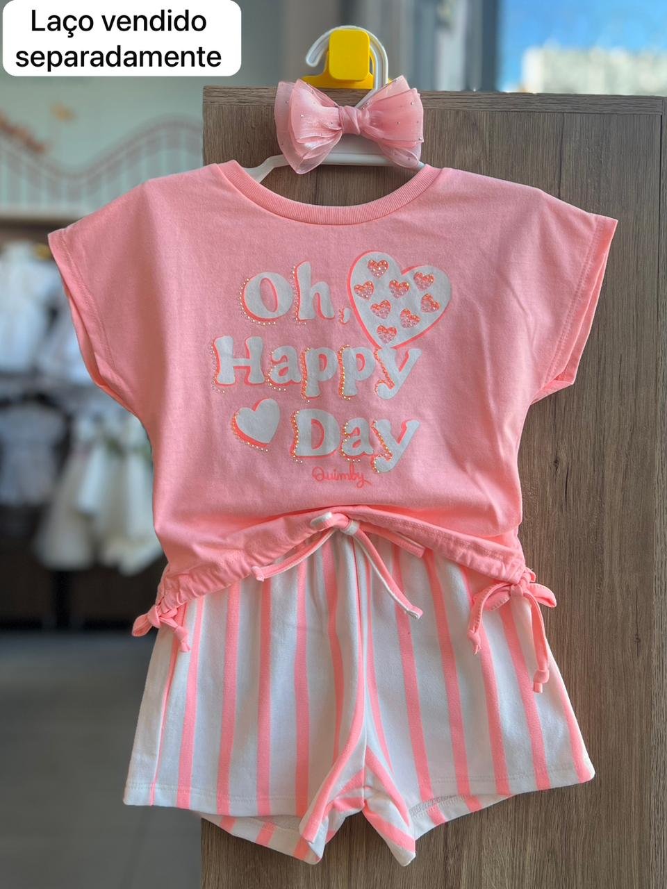 CONJUNTO BLUSA MANGA CURTA OH HAPPY STRASS CORAÇÕES E SHORT MOLETOM LISTRADO MENINA QUIMBY - ROSA/OFF