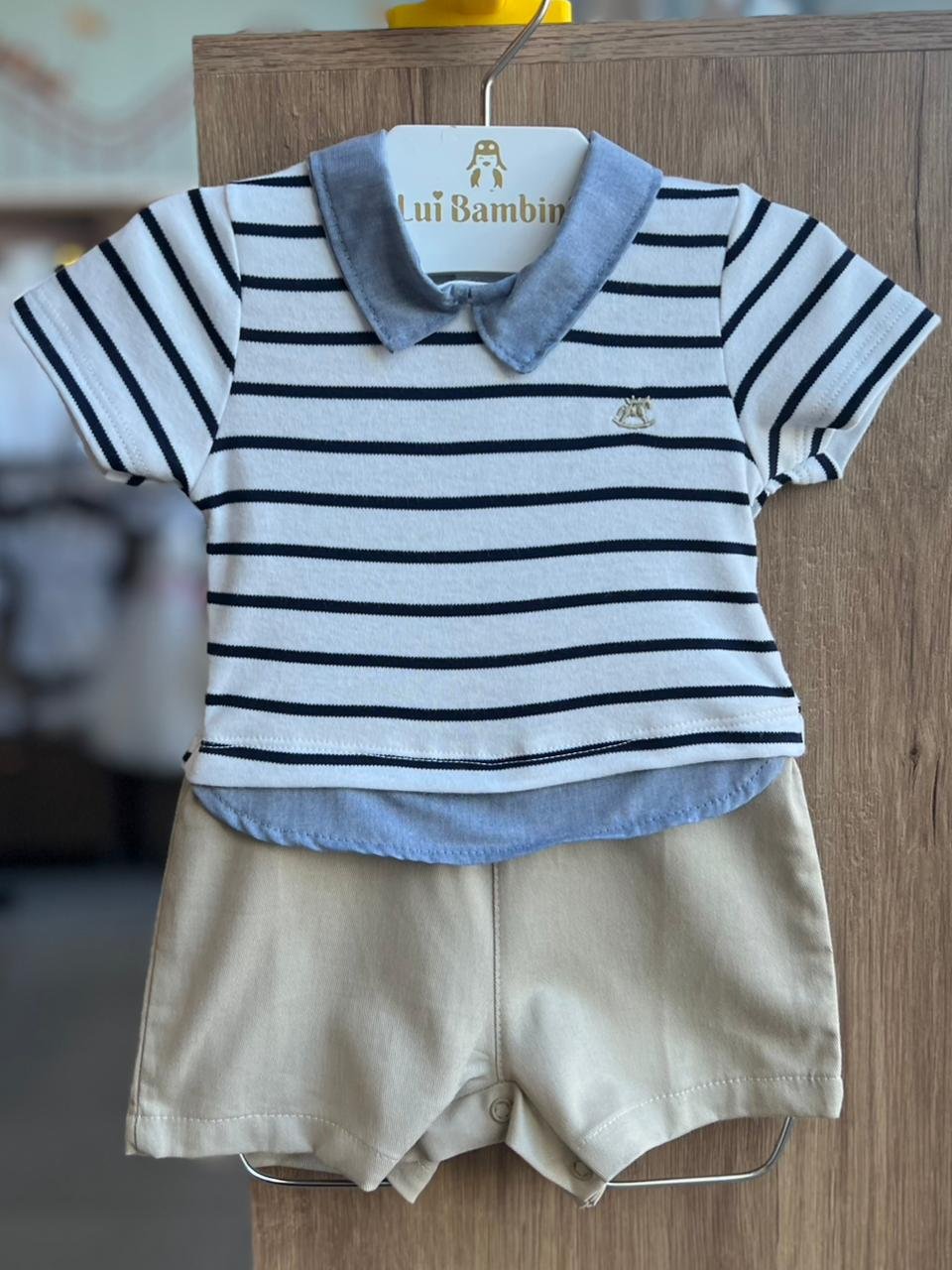 BODY CAMISA MANGA CURTA LISTRADO POLO MINIMALISTA BORDADO CAVALO MENINO UP BABY - BRANCO/BEGE