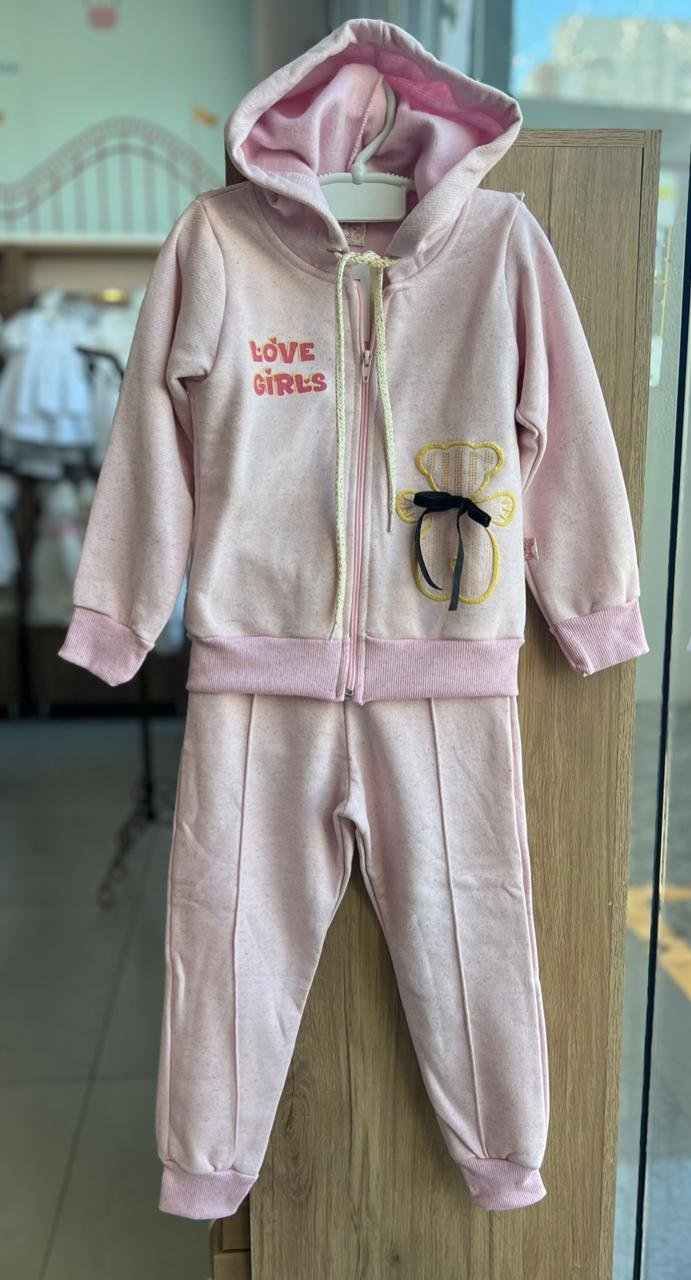 CONJUNTO MOLETOM BLUSÃO MANGA LONGA COM CAPUZ ZIPER FLORES LOVE GIRLS E CALÇA MENINA BRINCAR É ARTE - ROSA