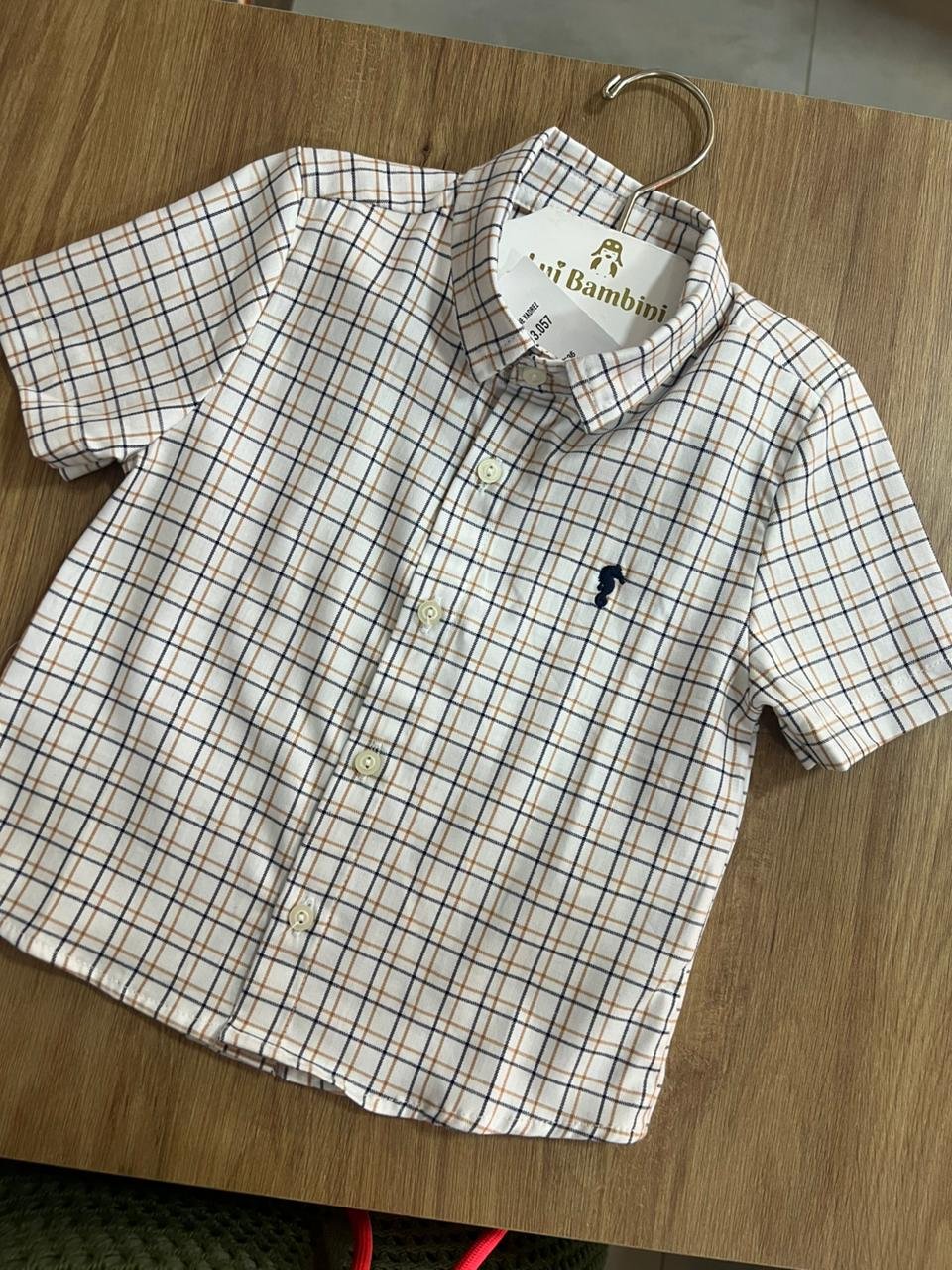 CAMISA MANGA CURTA TRICOLINE XADREZ CAVALO MARINHO BORDADO MENINO ONDA MARINHA - CREME