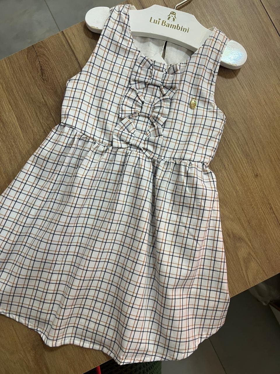 VESTIDO REGATA TRICOLINE XADREZ LAÇO TRIPLO MENINA ONDA MARINHA - CREME