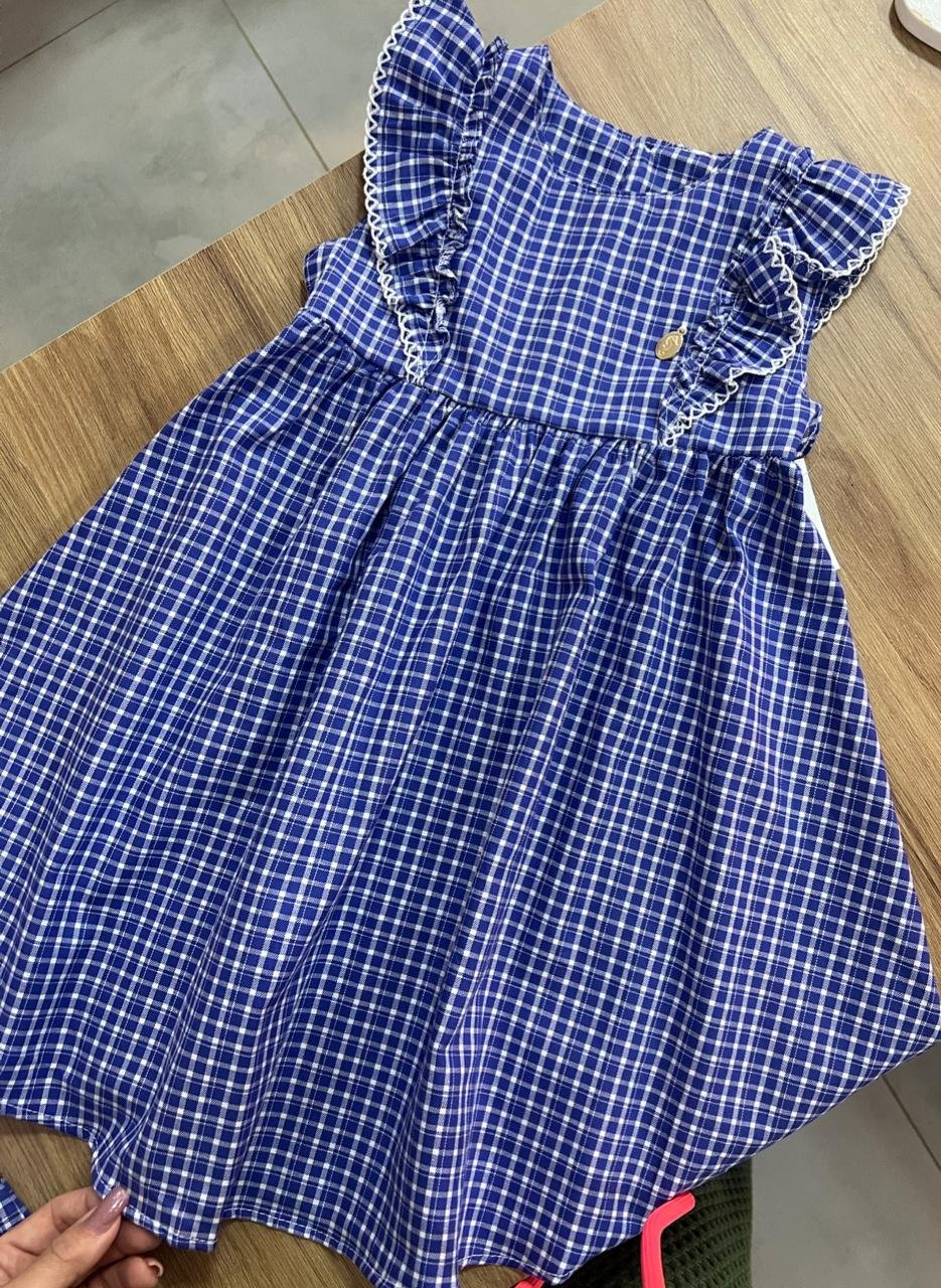 VESTIDO REGATA BABADO XADREZ TRICOLINE FESTA JUNINA MENINA ONDA MARINHA - AZUL