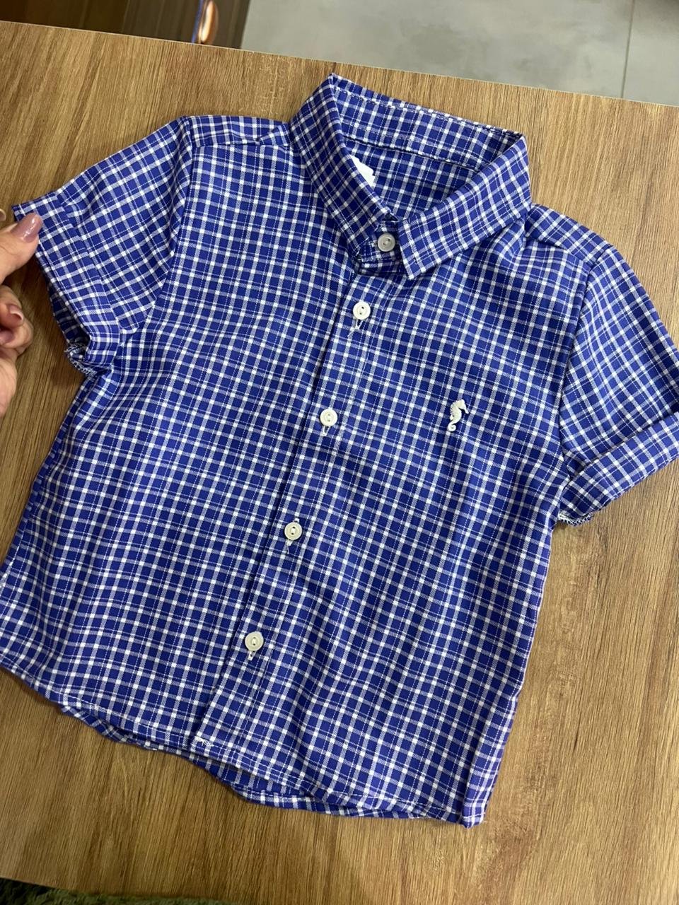 CAMISA MANGA CURTA XADREZ TRICOLINE FESTA JUNINA CAVALO MARINHO BORDADO MENINO ONDA MARINHA - AZUL