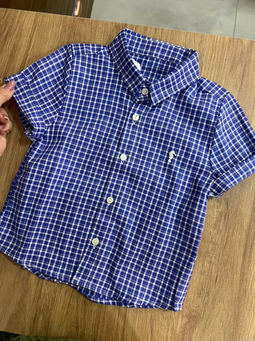 CAMISA MANGA CURTA XADREZ TRICOLINE FESTA JUNINA CAVALO MARINHO BORDADO MENINO ONDA MARINHA - AZUL