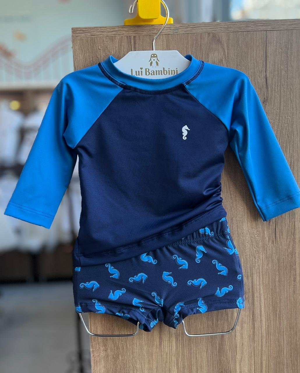 CONJUNTO CAMSETA MANGA LONGA CAVALO MARINHO E SUNGA PROTEÇÃO UV50+ MENINO ONDA MARINHA - MARINHO/AZUL