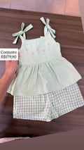 CONJUNTO BLUSA ALÇA FINA BATA FLORES BORDADAS E SHORT XADREZ MENINA SOMNII - VERDE