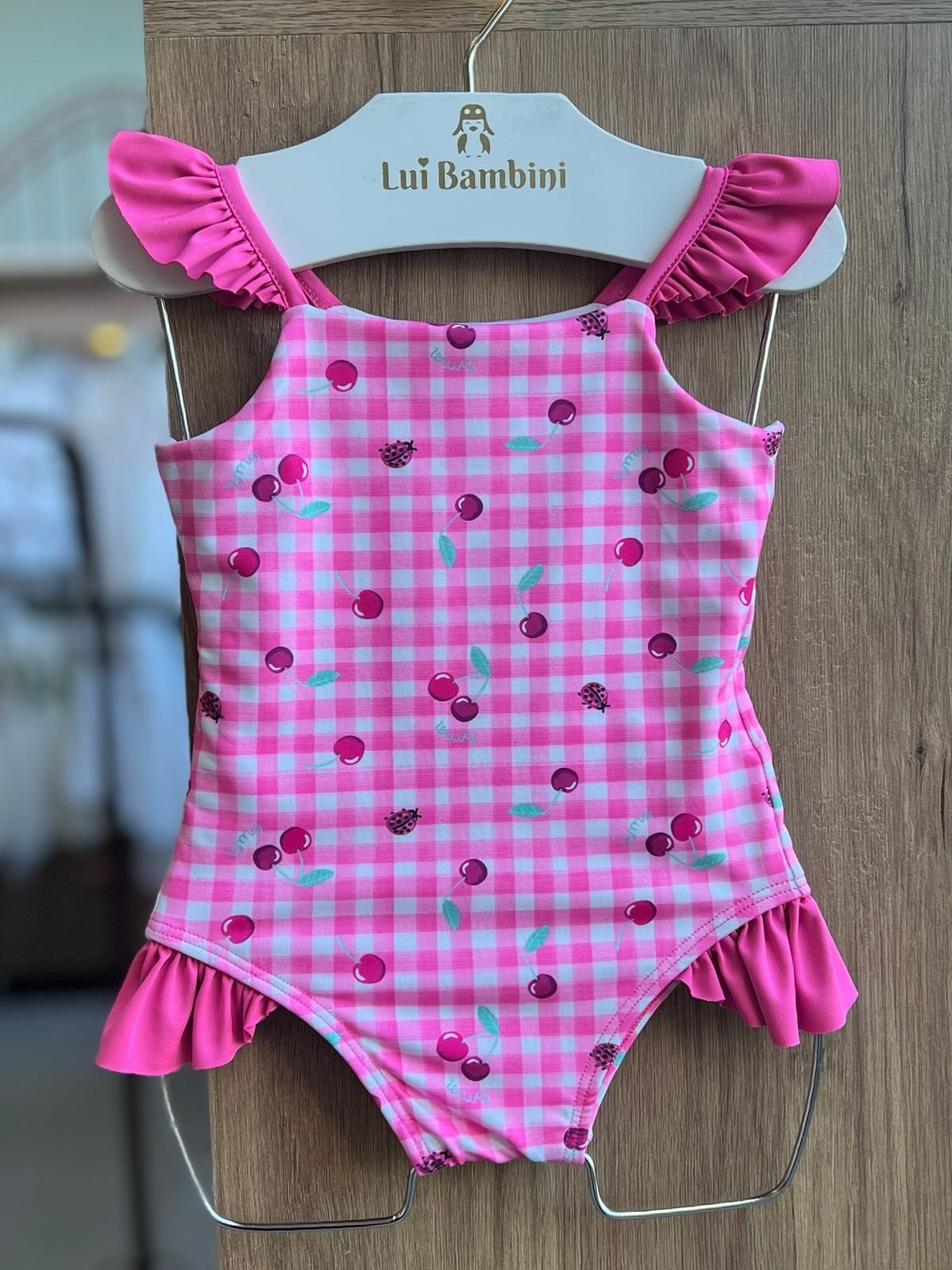 MAIÔ ALÇA BABADO XADREZ CEREJAS BABADO PROTEÇÃO UV50+ MENINA SOMNII - ROSA