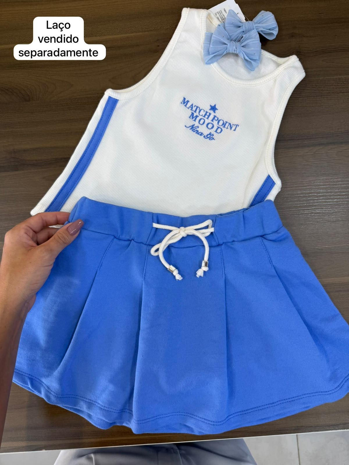 CONJUNTO BLUSA REGATA CANELADA MATCH POINT E SAIA CORDÃO MENINA NINA GO - CREME/AZUL