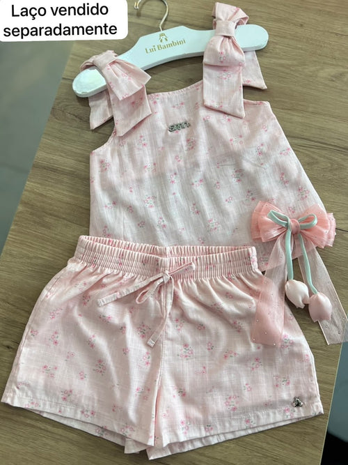 CONJUNTO BLUSA ALÇA LAÇO BATA FLORAL E SHORT PINGENTE JOANINHA MENINA SOMNII - ROSA