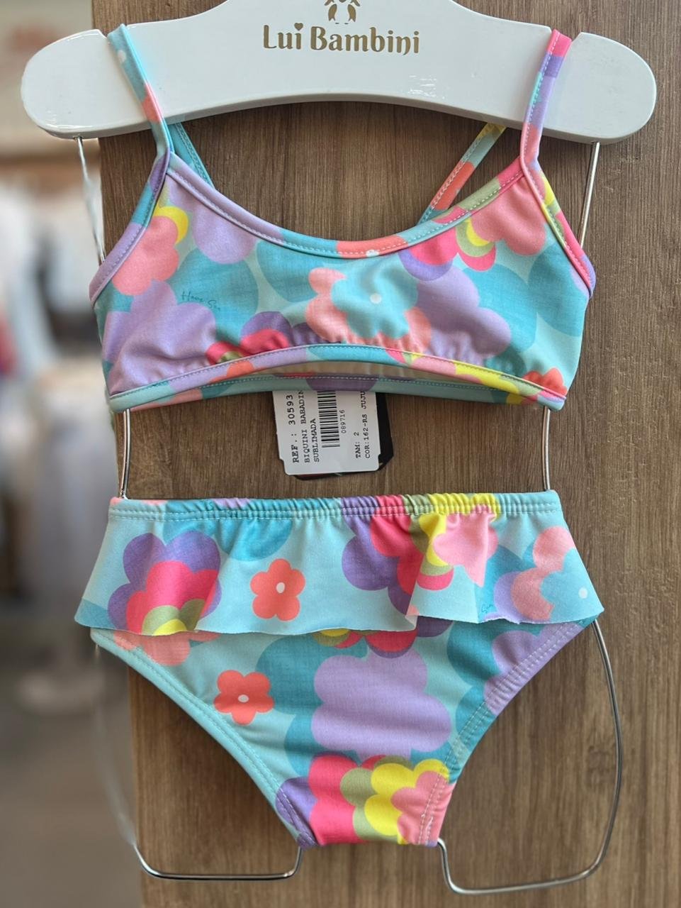 CONJUNTO BIQUINI ALÇA FINA FLORES PROTEÇÃO UV50+ E CALCINHA BABADO MENINA HAVE FUN - AZUL