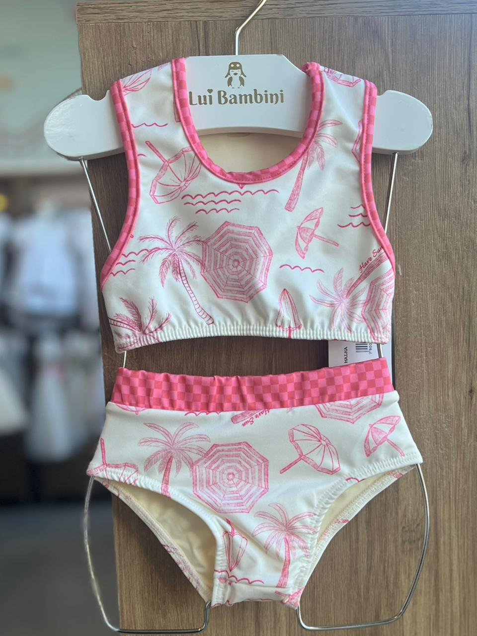CONJUNTO BIQUINI TOP REGATA PRAIA GUARDA SOL MAR PROTEÇÃO UV50+ E CALCINHA MENINA HAVE FUN - OFF/ROSA